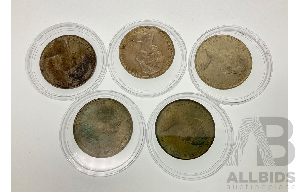 Five Australian 1966 Round Silver Fifty Cent Coins .800