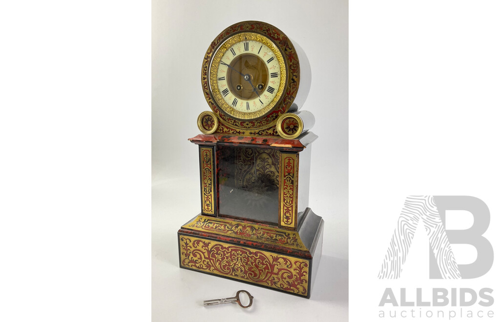 Antique Comptoir General Poissonnier Chiming Mantel Clock with Ornate Brass Inlay, Roman Numeral Radium Enamel Face, Bronze Sun Pendulum