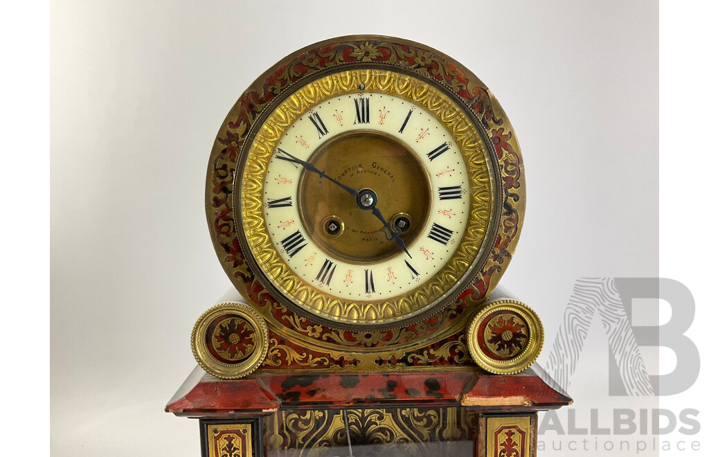 Antique Comptoir General Poissonnier Chiming Mantel Clock with Ornate Brass Inlay, Roman Numeral Radium Enamel Face, Bronze Sun Pendulum