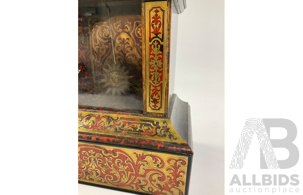 Antique Comptoir General Poissonnier Chiming Mantel Clock with Ornate Brass Inlay, Roman Numeral Radium Enamel Face, Bronze Sun Pendulum