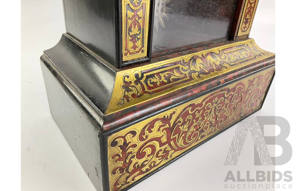 Antique Comptoir General Poissonnier Chiming Mantel Clock with Ornate Brass Inlay, Roman Numeral Radium Enamel Face, Bronze Sun Pendulum