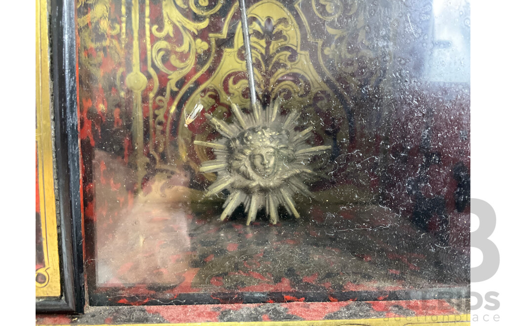 Antique Comptoir General Poissonnier Chiming Mantel Clock with Ornate Brass Inlay, Roman Numeral Radium Enamel Face, Bronze Sun Pendulum