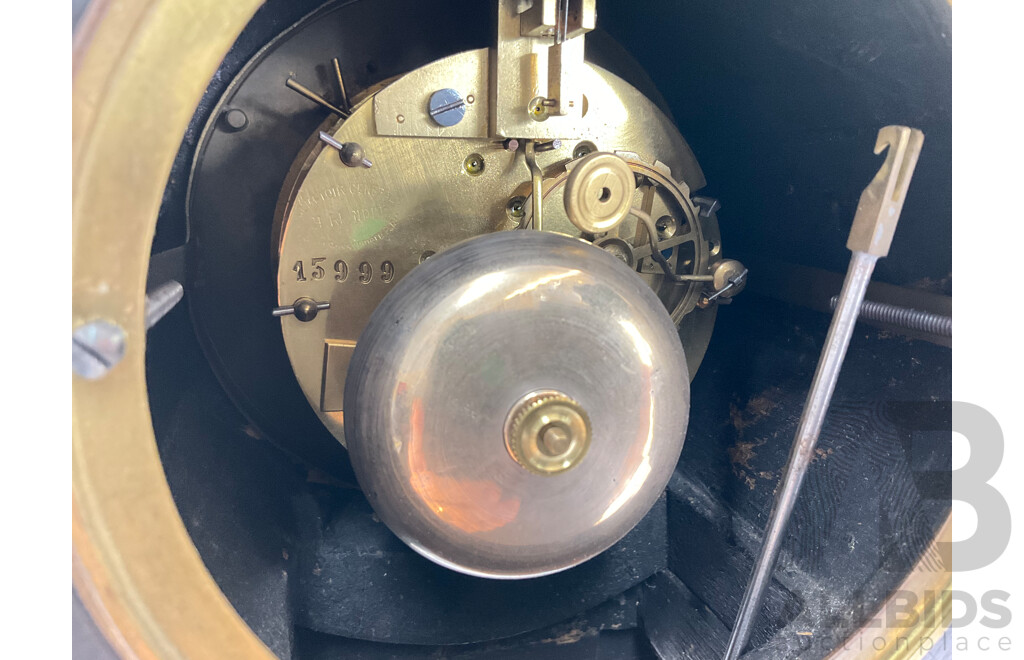 Antique Comptoir General Poissonnier Chiming Mantel Clock with Ornate Brass Inlay, Roman Numeral Radium Enamel Face, Bronze Sun Pendulum