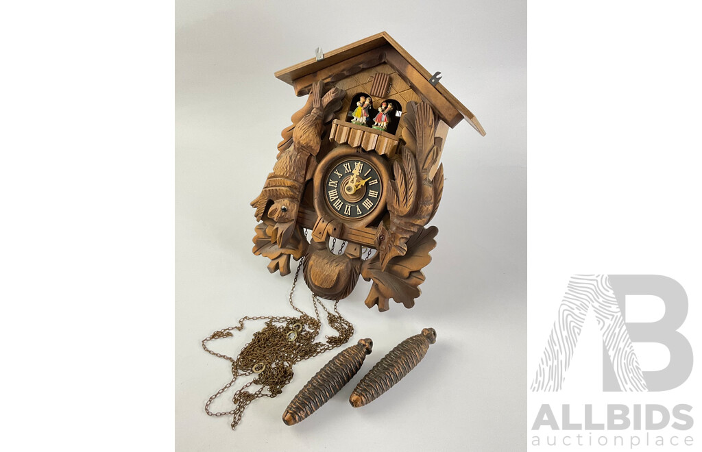 Vintage German Musical Hunters Cuckoo Clock with Carved Rabbit, Bird and Dancing Couples