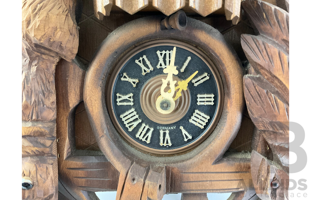 Vintage German Musical Hunters Cuckoo Clock with Carved Rabbit, Bird and Dancing Couples