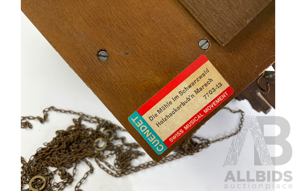 Vintage German Musical Hunters Cuckoo Clock with Carved Rabbit, Bird and Dancing Couples