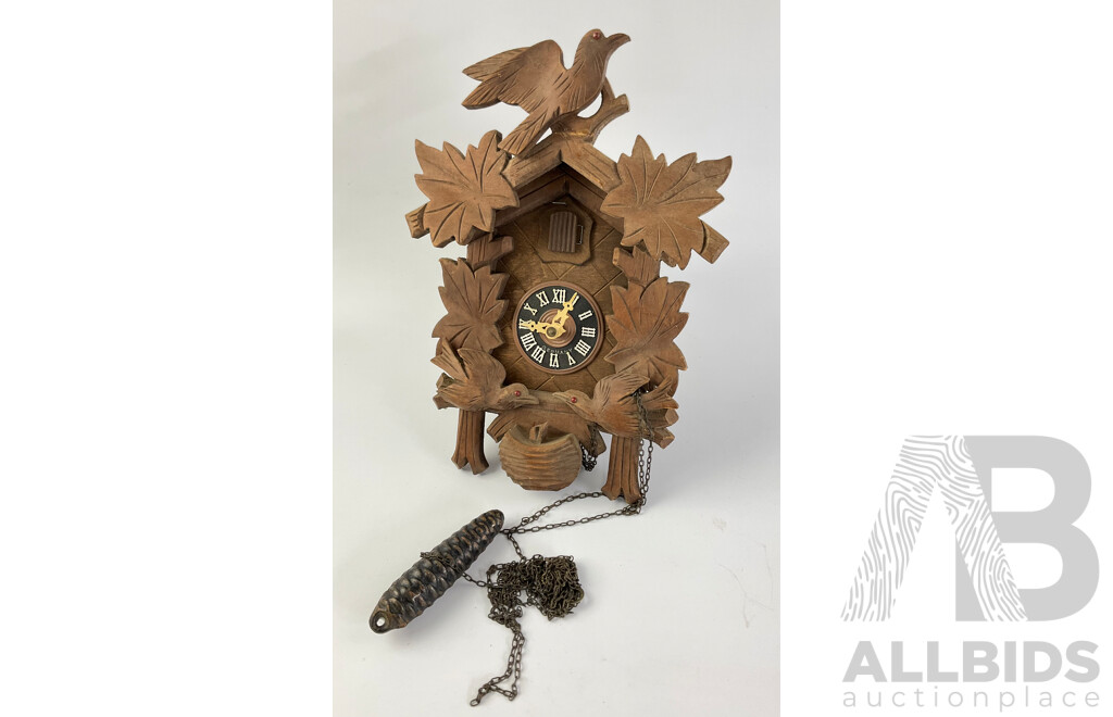 Vintage German Bird Themed Cuckoo Clock with Carved Birds and Hatchling