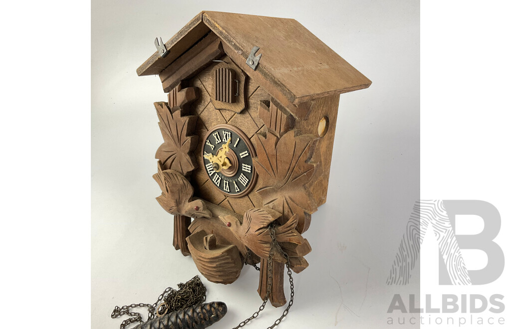 Vintage German Bird Themed Cuckoo Clock with Carved Birds and Hatchling