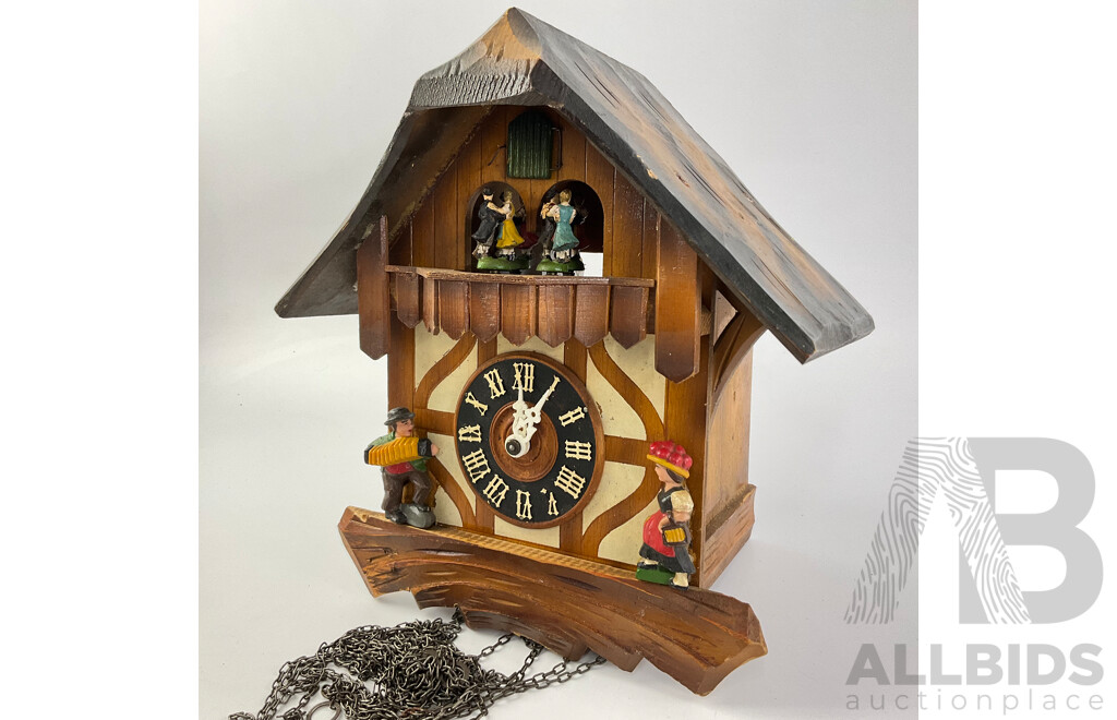 Vintage German Musical Cuckoo Clock, Festive Themed with Dancing Couples