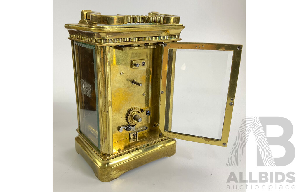 Antique Brass Traveling Clock, Ornate Floral Design with Beveled Glass and Case