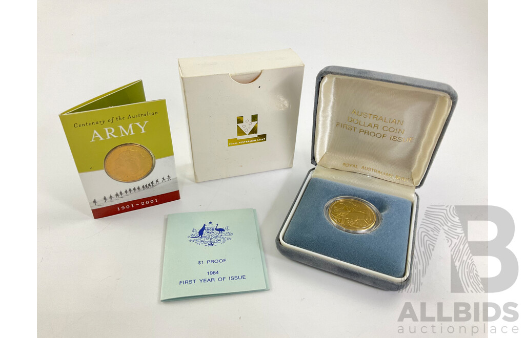 Australian RAM 1984 Proof One Dollar Coin, First Year Issue with 2001 One Dollar, Army Centenary, C Mint Mark