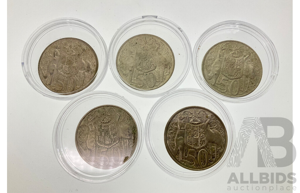 Five Australian 1966 Round Silver Fifty Cent Coins .800