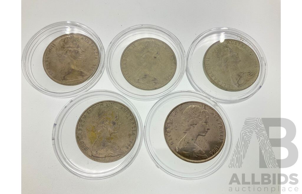 Five Australian 1966 Round Silver Fifty Cent Coins .800