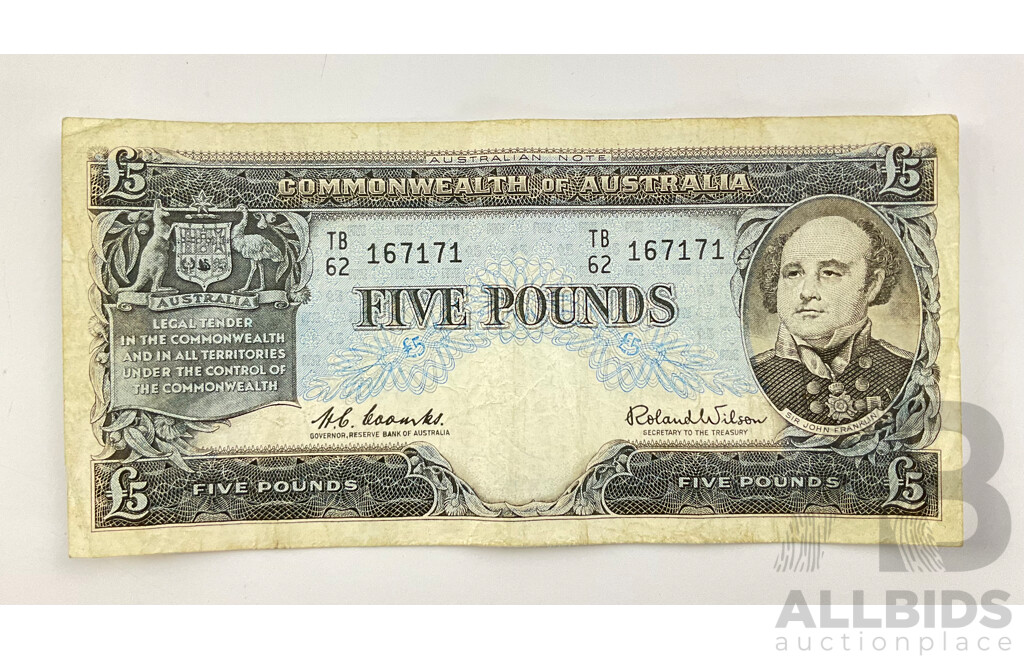 Australian 1960 Five Pound Note, Coombs/Wilson R50, TB 62 167171