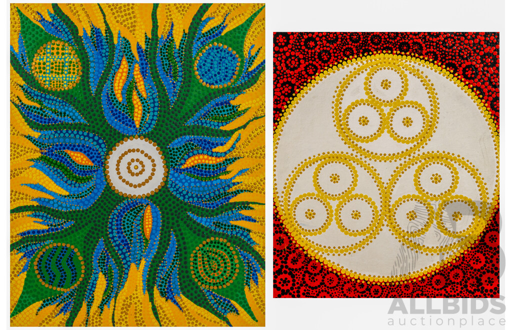 John McFadden (JackMac) (20th Century, Indigenous-Australian), Yaranigh (sic) Molong (2013) & Trinity Ningaloo (2011), Pair of Original Acrylic on Canvas, 49 x 39 cm (largest) (2)