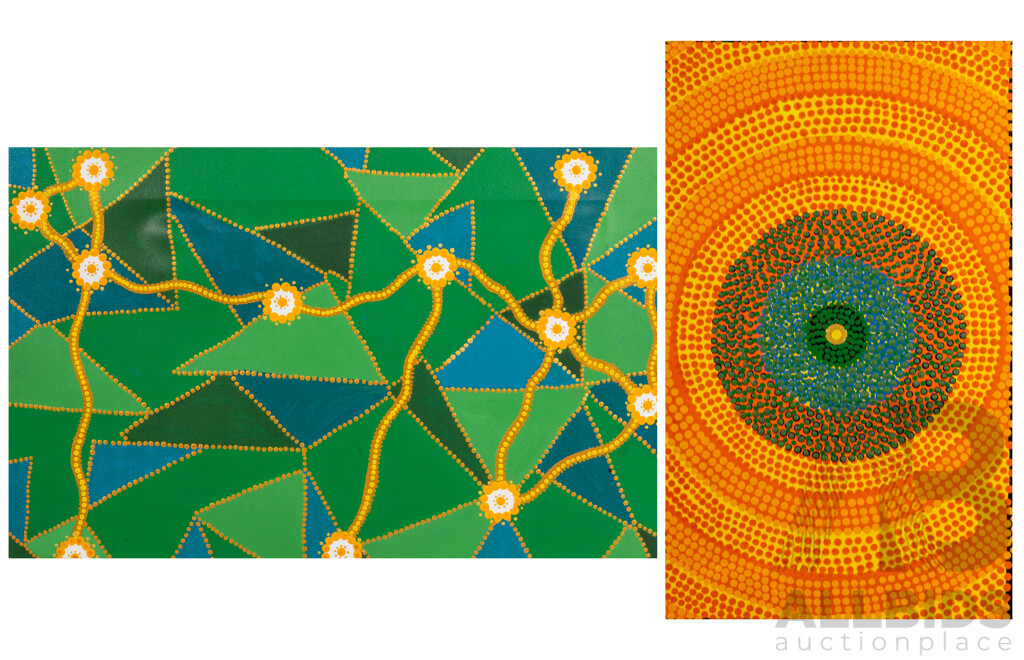John McFadden (JackMac) (20th Century, Indigenous-Australian), Untitled Pair - Spirit Circle & We Are All Connected (2010/11) Original Acrylic on Canvases, 56 x 34 cm (largest) (2)