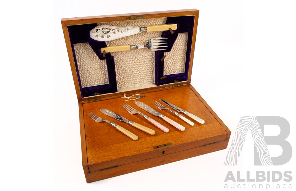 Fantastic Antique Oak Flatware Fold Out Canteen with 38 Piece Marriage Fish Cutlery Set with Sterling Silver Ferules and Silver Plate Heavily Engraved Blades