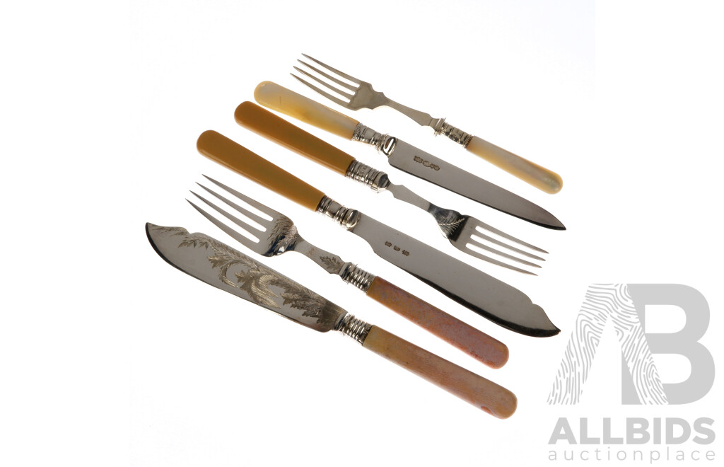 Fantastic Antique Oak Flatware Fold Out Canteen with 38 Piece Marriage Fish Cutlery Set with Sterling Silver Ferules and Silver Plate Heavily Engraved Blades