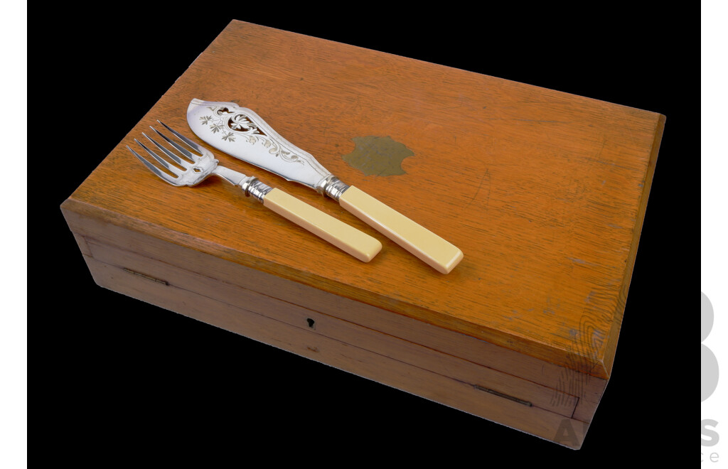 Fantastic Antique Oak Flatware Fold Out Canteen with 38 Piece Marriage Fish Cutlery Set with Sterling Silver Ferules and Silver Plate Heavily Engraved Blades