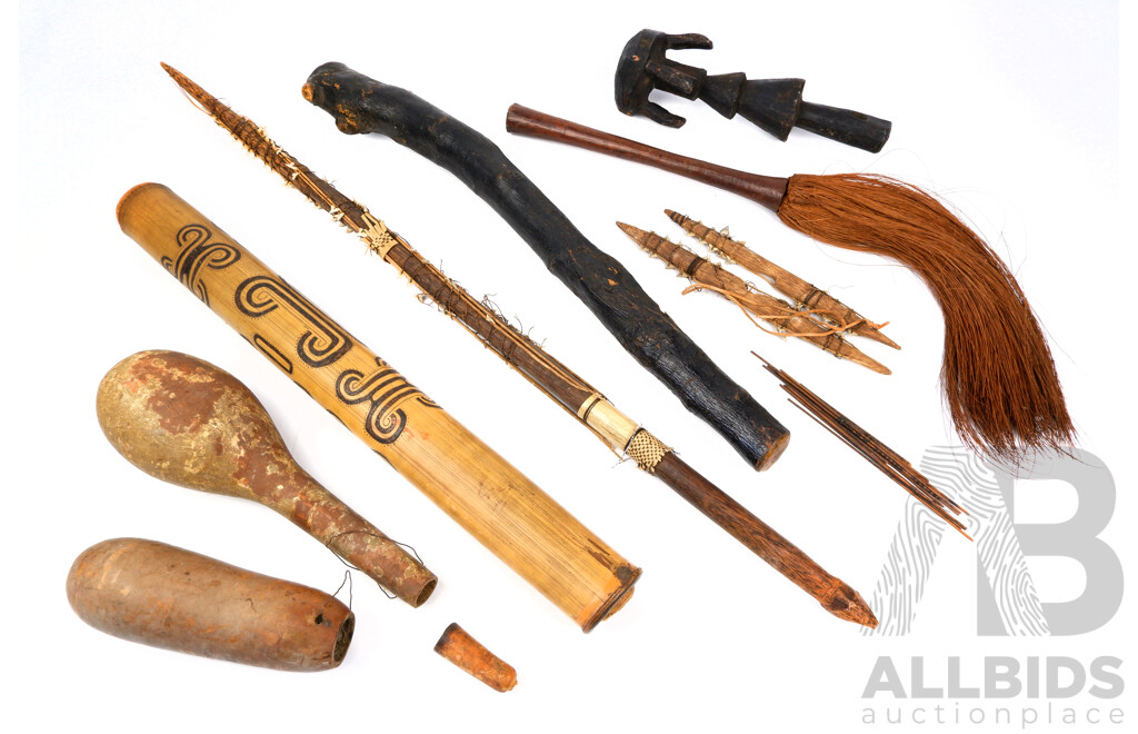 Collection Tribal Items Including African Fly Whisk, Micronesian Shark Tooth Sword and More