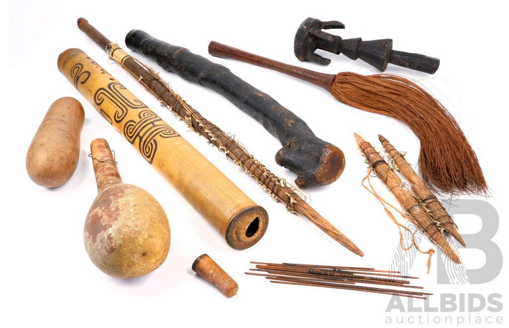 Collection Tribal Items Including African Fly Whisk, Micronesian Shark Tooth Sword and More