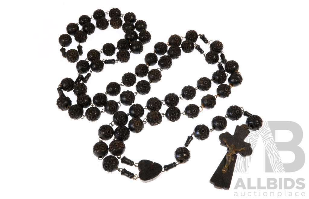 Vintage Hand Carved French Wooden Rosary Beads, Lourdes