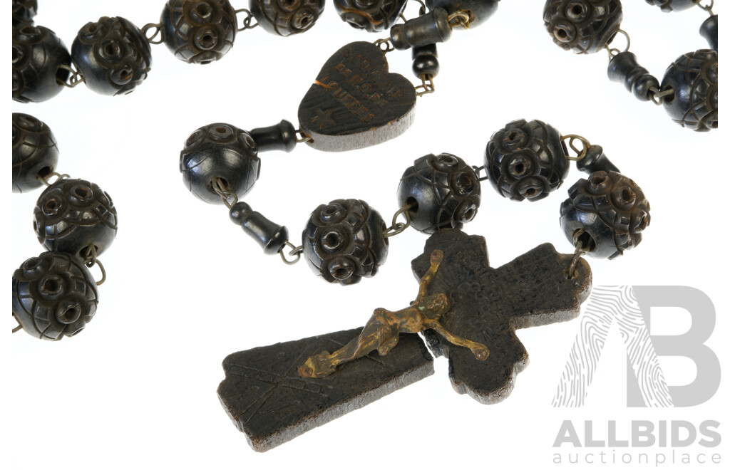 Vintage Hand Carved French Wooden Rosary Beads, Lourdes
