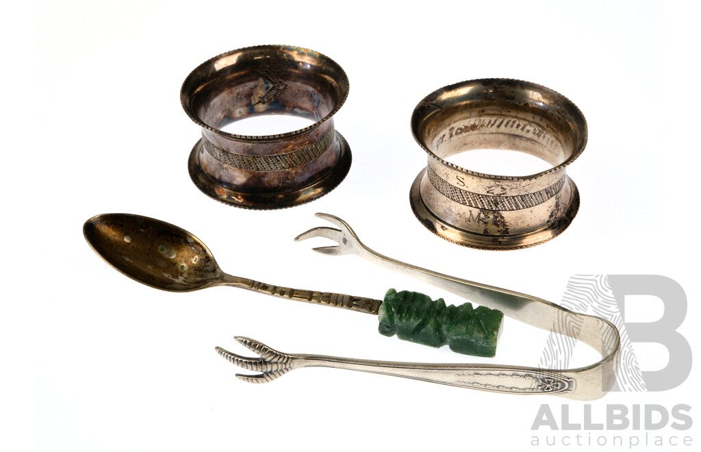 Collection Sterling Silver Comprising Pair Napkin Rings, Sheffield 1886, Sugar Nips with Claw Form Ends, Sheffield 1882 Along with Mexican Teaspoon with Carved Malachite Handle