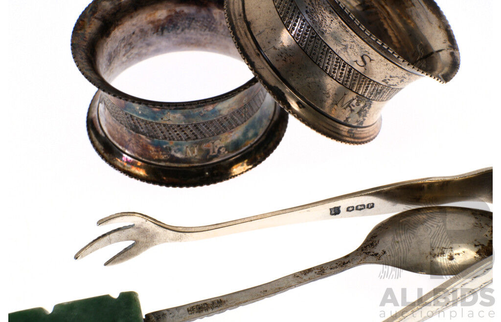 Collection Sterling Silver Comprising Pair Napkin Rings, Sheffield 1886, Sugar Nips with Claw Form Ends, Sheffield 1882 Along with Mexican Teaspoon with Carved Malachite Handle