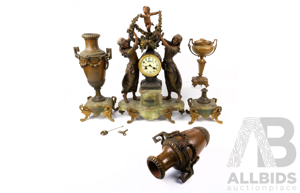 Antique Italian Spelter Chiming Mantle Clock with Neo Classical Theme on Onyx Bases with Two Female Figures and Cherub, After Geo Maxim, Pair Garniture Urns with Floral Garlands, Porcelain Floral Face, Later Movement