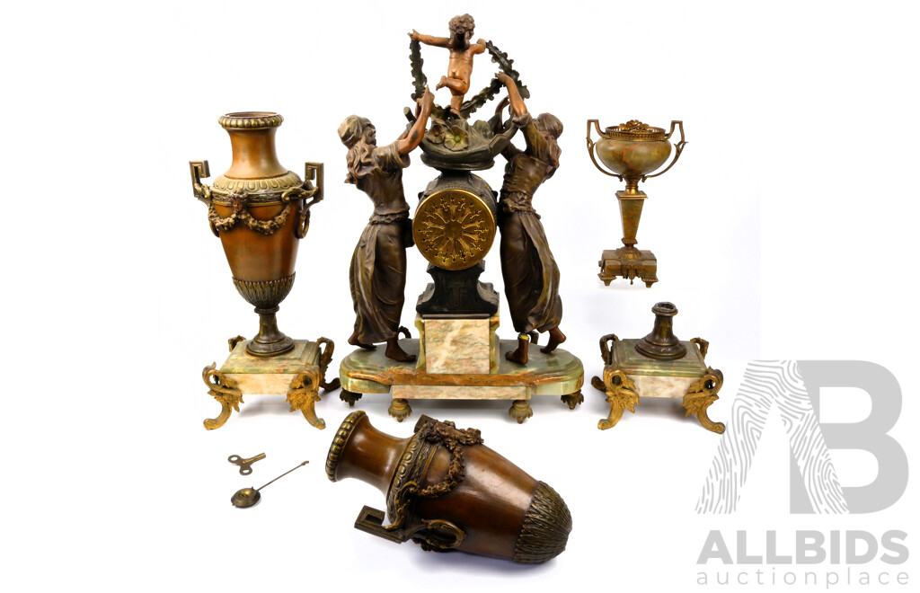 Antique Italian Spelter Chiming Mantle Clock with Neo Classical Theme on Onyx Bases with Two Female Figures and Cherub, After Geo Maxim, Pair Garniture Urns with Floral Garlands, Porcelain Floral Face, Later Movement