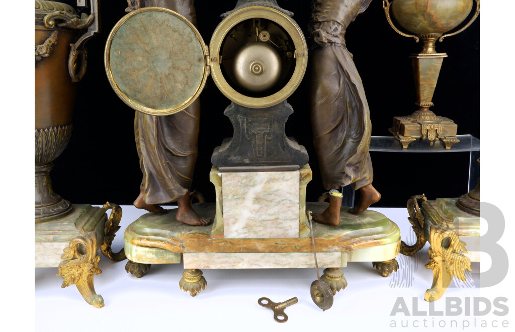 Antique Italian Spelter Chiming Mantle Clock with Neo Classical Theme on Onyx Bases with Two Female Figures and Cherub, After Geo Maxim, Pair Garniture Urns with Floral Garlands, Porcelain Floral Face, Later Movement