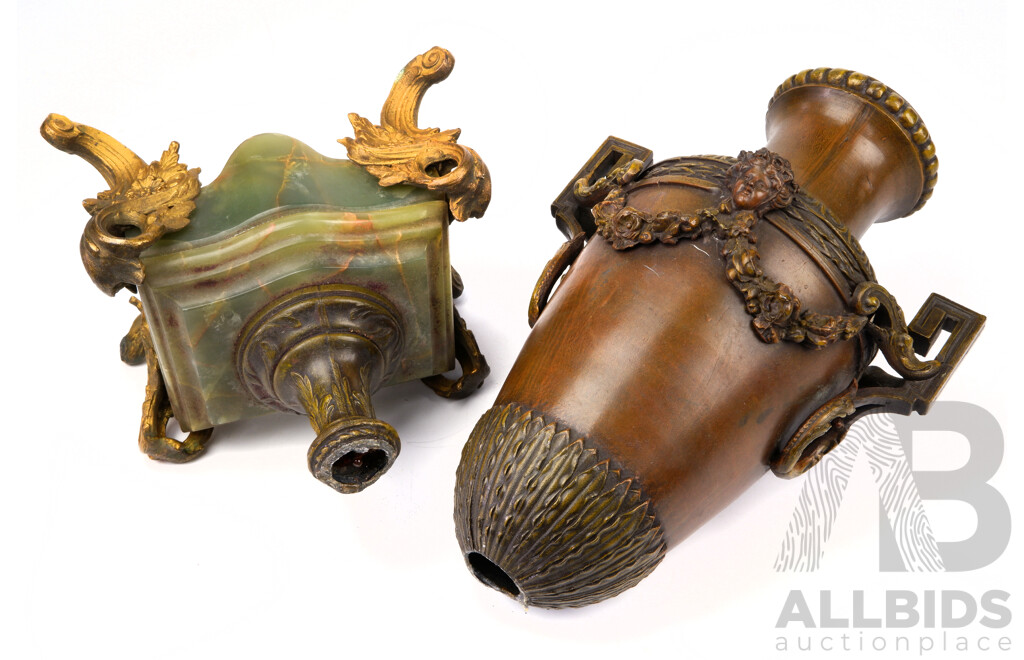 Antique Italian Spelter Chiming Mantle Clock with Neo Classical Theme on Onyx Bases with Two Female Figures and Cherub, After Geo Maxim, Pair Garniture Urns with Floral Garlands, Porcelain Floral Face, Later Movement