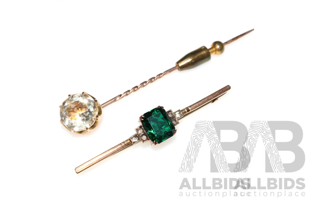9ct Vintage Stick Pin with 11.4mm Topaz & 9ct Bar Brooch with White Sapphires & Green Paste Stone, 8.92 Grams