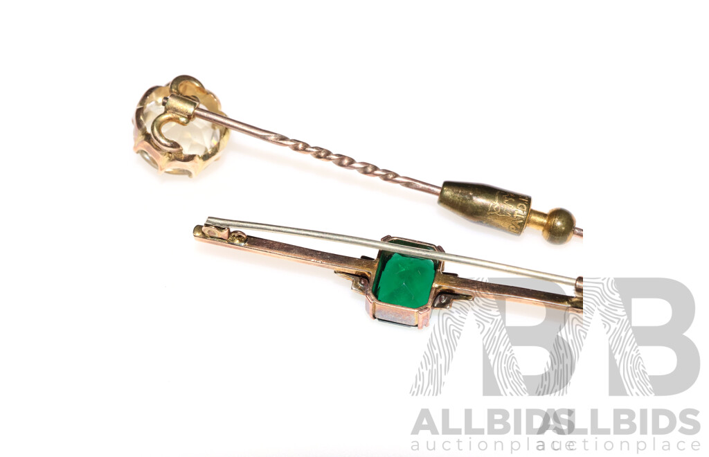 9ct Vintage Stick Pin with 11.4mm Topaz & 9ct Bar Brooch with White Sapphires & Green Paste Stone, 8.92 Grams