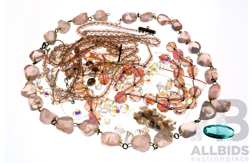 Australian Opal Pieces in Packet, Rose Quartz Necklace (needs Small Repair) & Pink Aurora Borealis Beaded Necklaces for Repair