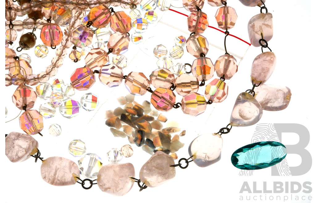 Australian Opal Pieces in Packet, Rose Quartz Necklace (needs Small Repair) & Pink Aurora Borealis Beaded Necklaces for Repair