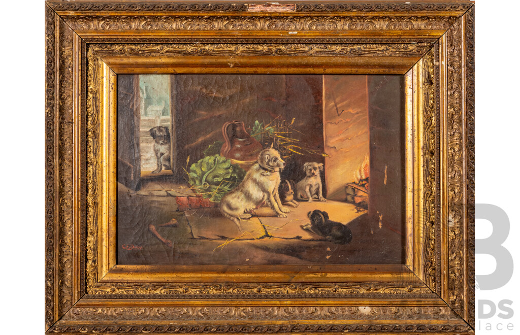 C. E. Duncan (19th Century), Dogs by the Fire, Wonderful Antique Oil on Canvas Cloth, 52 x 67 cm (frame)