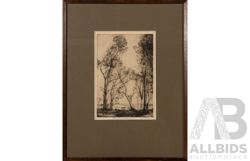 Bruce Robertson, (19th/20th Centuries, Australian, 1872-1943), Pulbah Island, Port Macquarie, NSW, Original Antique Etching (c1926), 46 x 36 cm (frame)