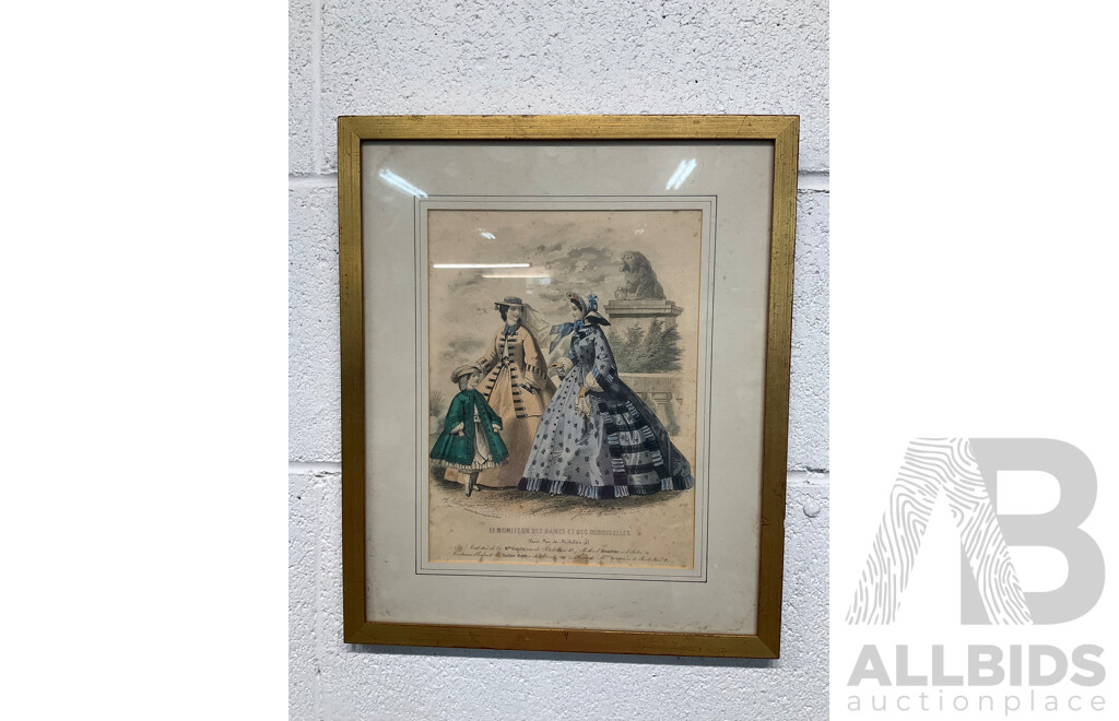 Original Hand Coloured Fashion Paint Journal Des Demoiselles - Ladies and Child Walking, Costumes by Messieur Gagelin Et. Pauline Royer - French Fashions of the Early 1860's - 36 X 30 Cm (frame)
