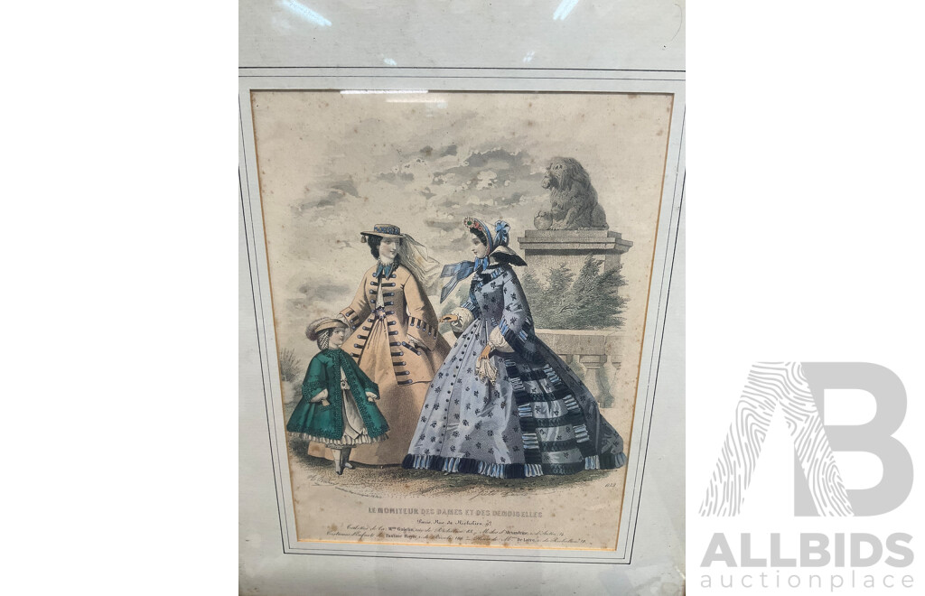 Original Hand Coloured Fashion Paint Journal Des Demoiselles - Ladies and Child Walking, Costumes by Messieur Gagelin Et. Pauline Royer - French Fashions of the Early 1860's - 36 X 30 Cm (frame)