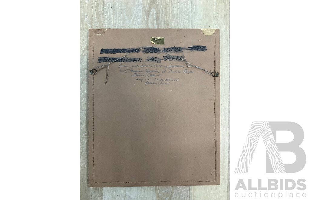 Original Hand Coloured Fashion Paint Journal Des Demoiselles - Ladies and Child Walking, Costumes by Messieur Gagelin Et. Pauline Royer - French Fashions of the Early 1860's - 36 X 30 Cm (frame)