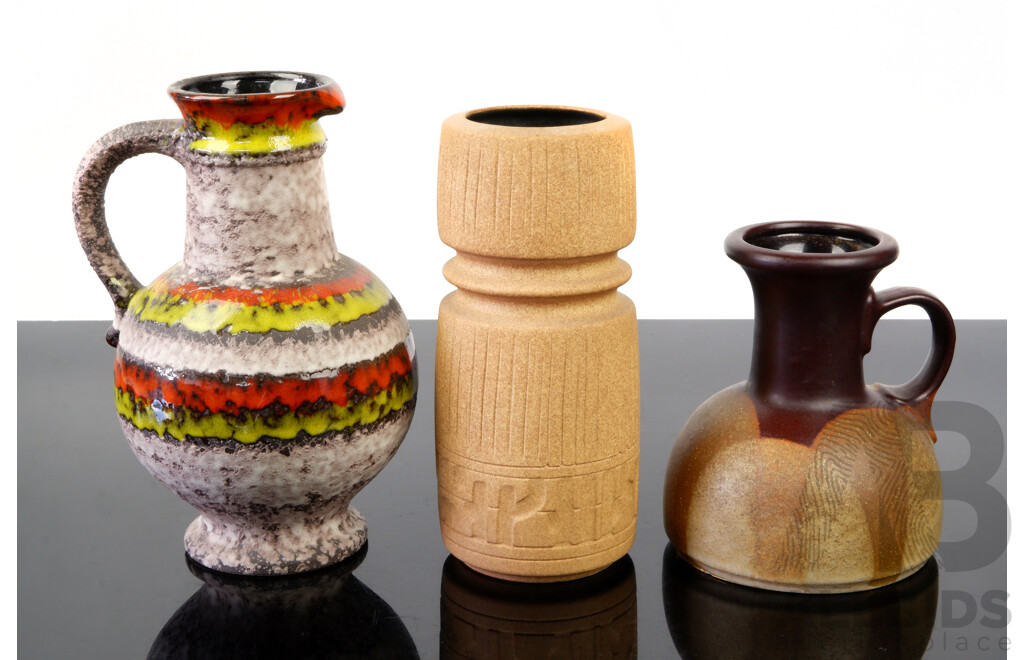 Collection Three Mid Century Ceramic Vases in Different Heights Including Lapid Example, West German Example with Lava Glaze and More
