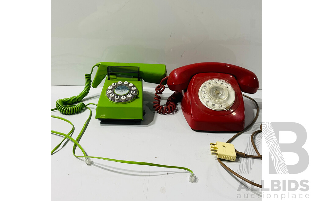 Pair of Retro Rotary Phones with Unusual Plugs