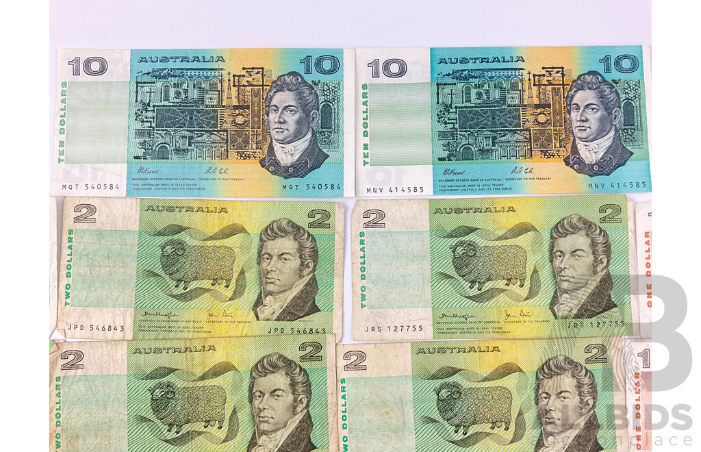 Australian Paper Bank Notes Including 1991 Ten Dollars Fraser/Cole(2) 1970's and 80's Two Dollars Phillips/Wheeler(2), Johnston/Fraser(7) Knight/Stone(5) 1970's and 80's One Dollars.......