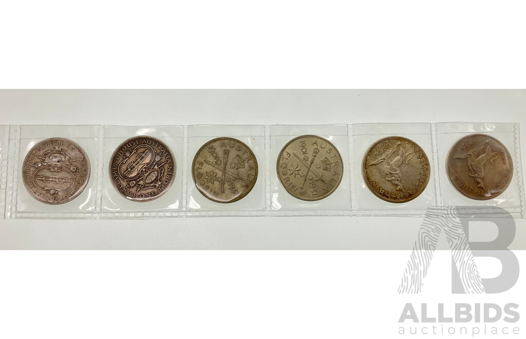 Six Australian Silver Commemorative Florins Including 1927 Parliament House(2) 1951 Federation(2) 1954 Royal Visit(2)