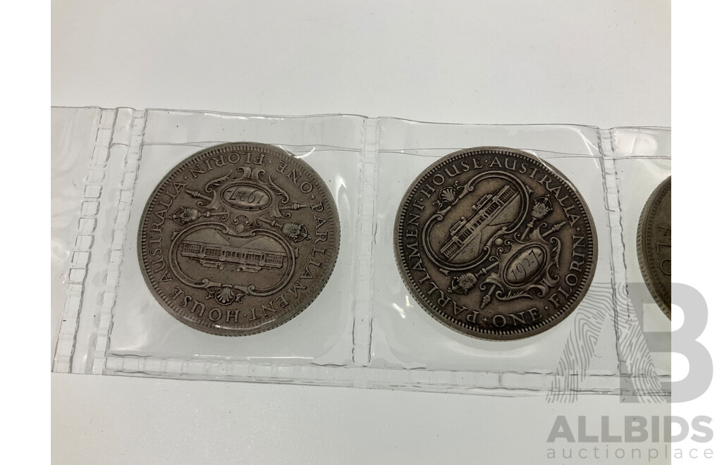 Six Australian Silver Commemorative Florins Including 1927 Parliament House(2) 1951 Federation(2) 1954 Royal Visit(2)