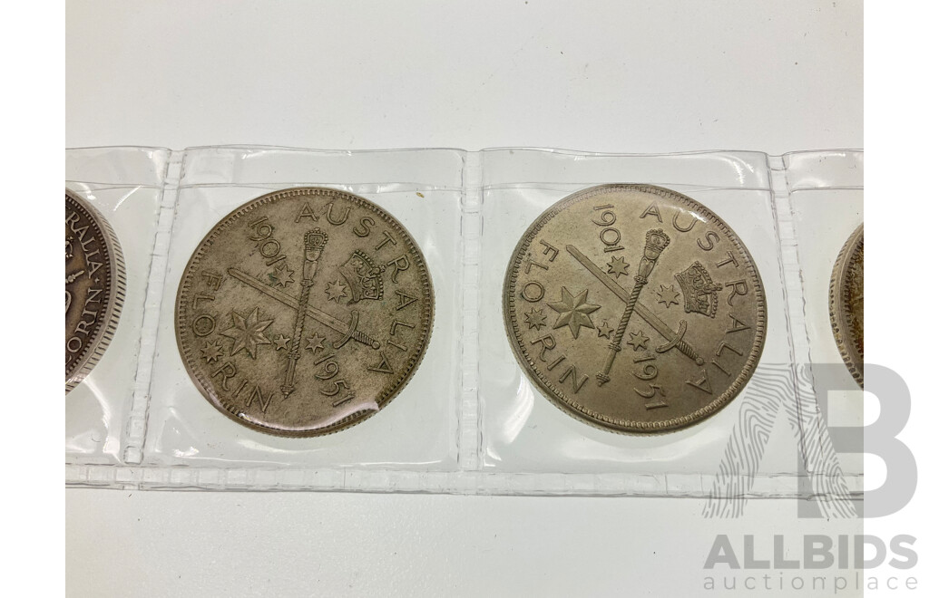 Six Australian Silver Commemorative Florins Including 1927 Parliament House(2) 1951 Federation(2) 1954 Royal Visit(2)