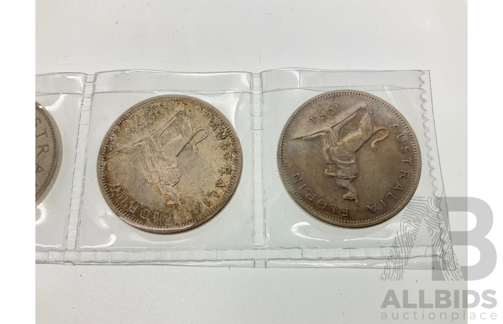 Six Australian Silver Commemorative Florins Including 1927 Parliament House(2) 1951 Federation(2) 1954 Royal Visit(2)
