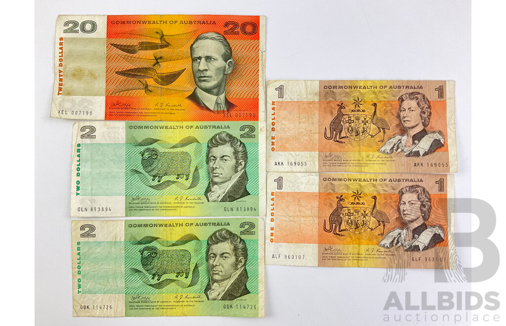 Australian COA Phillips/Randall Bank Notes Including 1968 Twenty Dollar R403 XEL, 1968 Two Dollar(2) R83, 1969 One Dollar(2) R73